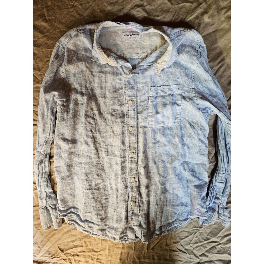 Tommy Bahama Men’s 100% Linen Long Sleeve Button Up Shirt Blue Striped XL